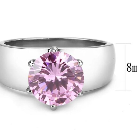 STAINLESS STEEL Simulated Pink Sapphire Solitaire Band Ring - Picture 14 of 16